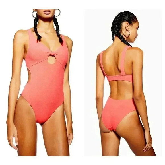 TOPSHOP Velour Knot One Piece Coral Swimsuit - Picture 1 of 9